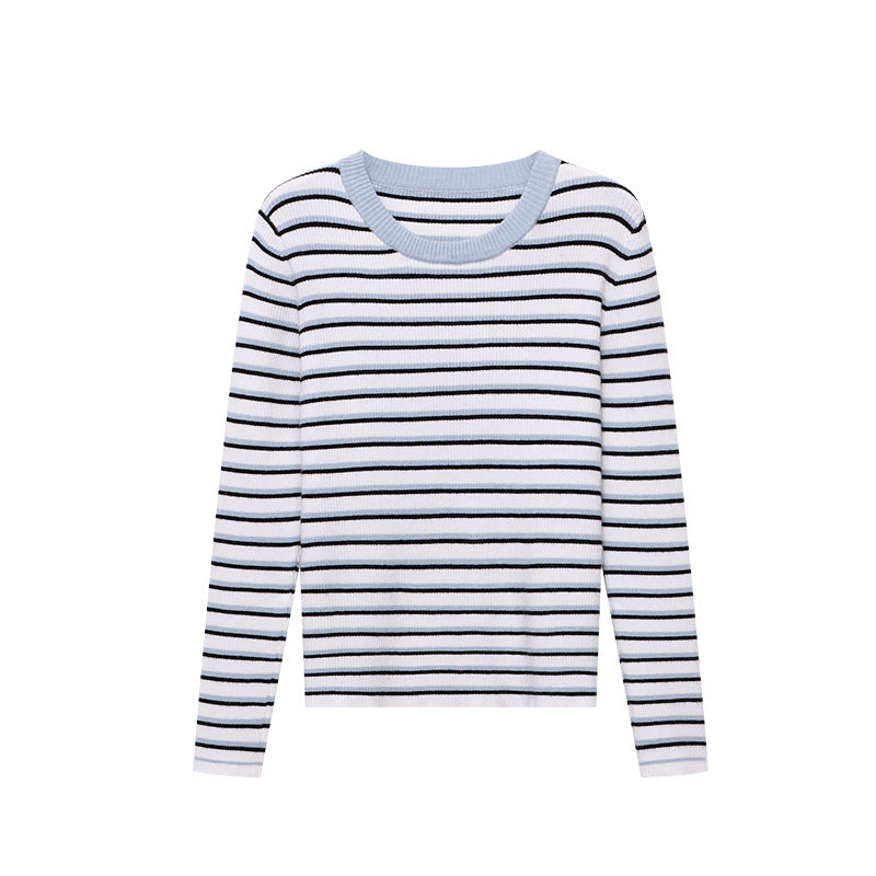 Damen gestreifter Pullover mit breitem Rundhalsausschnitt und feinem Rippstrick Drune