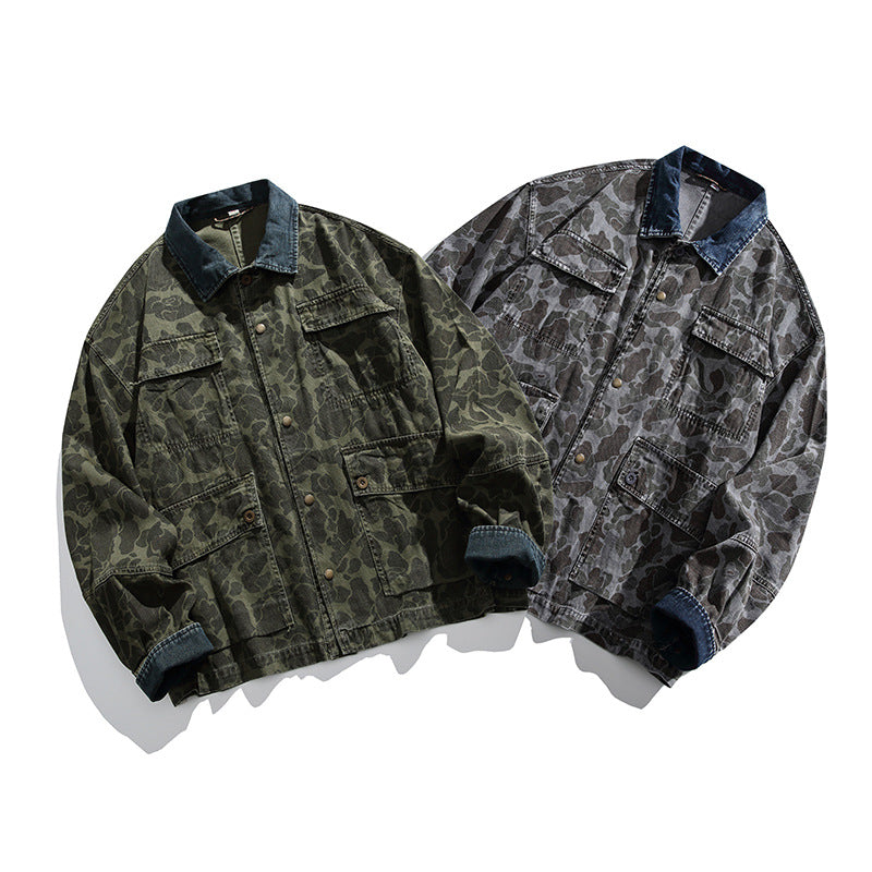 Herren Boxy-Jeansjacke im Camouflage-Muster mit Kontrastkragen und Mehrfachtaschen Drune