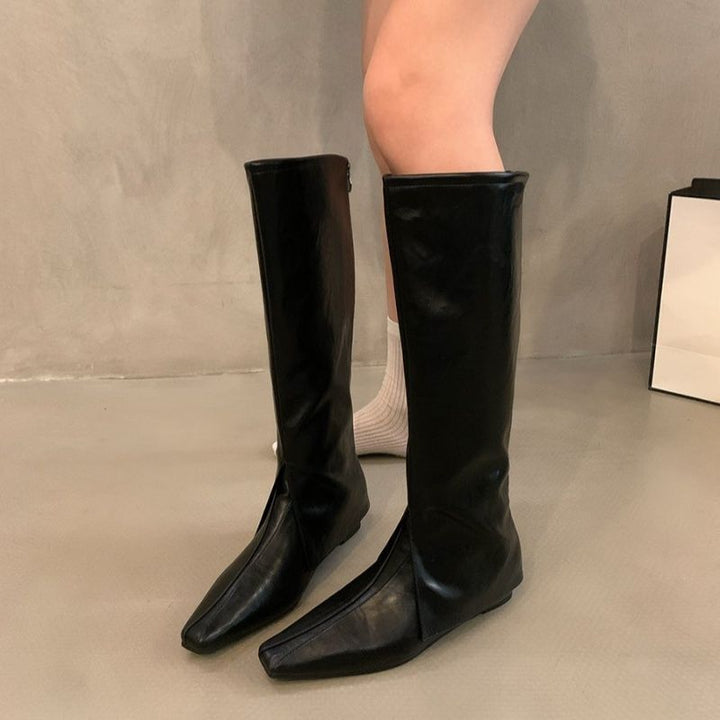 Damen Knielange Lederoptik-Stiefel mit quadratischer Zehenpartie und flacher Sohle Drune