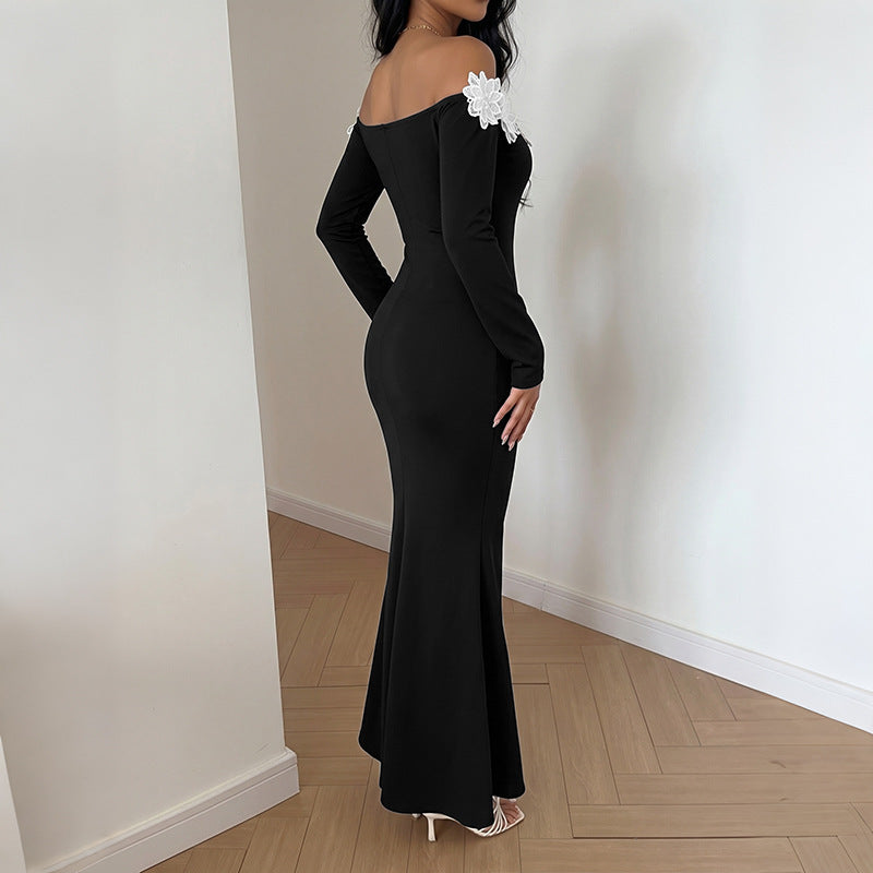 Damen Elegantes Off-Shoulder Maxikleid mit Spitzeneinsätzen Drune