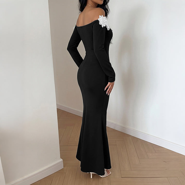 Damen Elegantes Off-Shoulder Maxikleid mit Spitzeneinsätzen Drune
