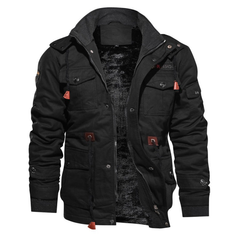 Herren nan gefütterte Canvas-Fieldjacke mit Teddyfutter, Kapuze und multifunktionalen Taschen Drune