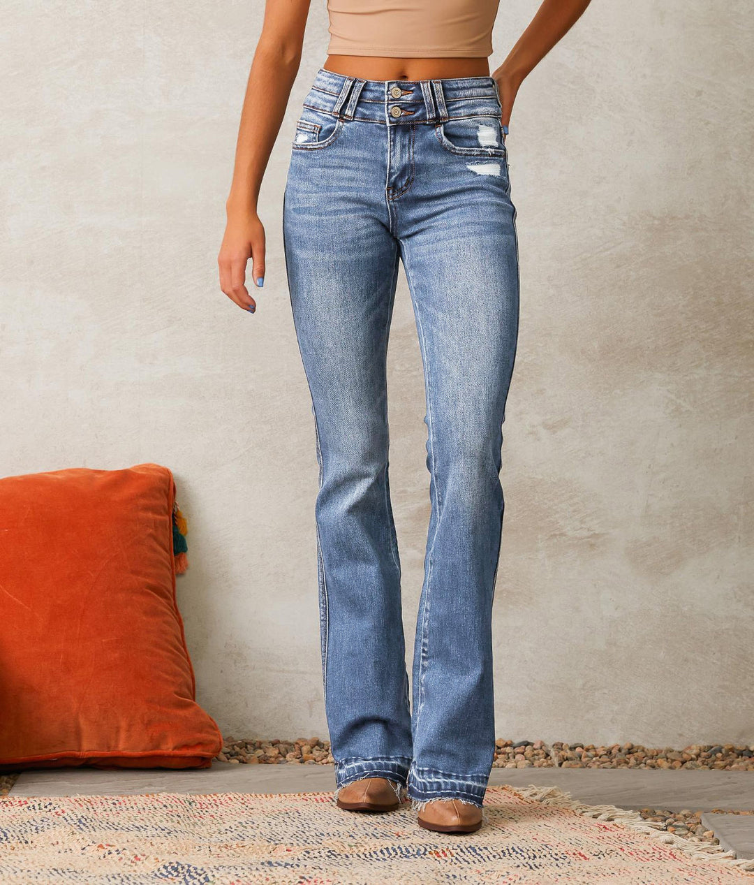 Damen Flared Jeans mit hohem Bund und modischem Destroyed-Effekt Drune