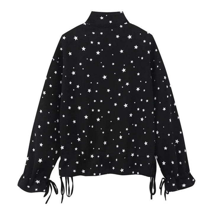 Damen leichte Stehkragen-Sweatjacke mit Sternen-Allover, Applikationen und Kordelzug Drune
