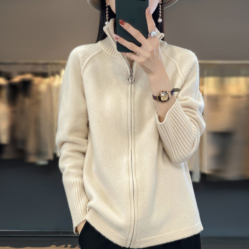 Damen Zip-Cardigan im Kaschmir‑Look mit Stehkragen und gerippten Bündchen Drune