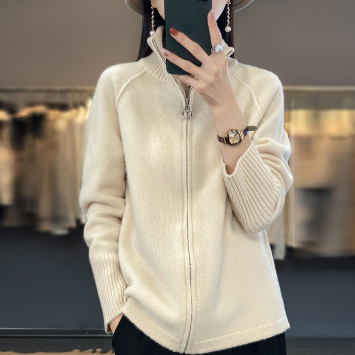 Damen Zip-Cardigan im Kaschmir‑Look mit Stehkragen und gerippten Bündchen Drune