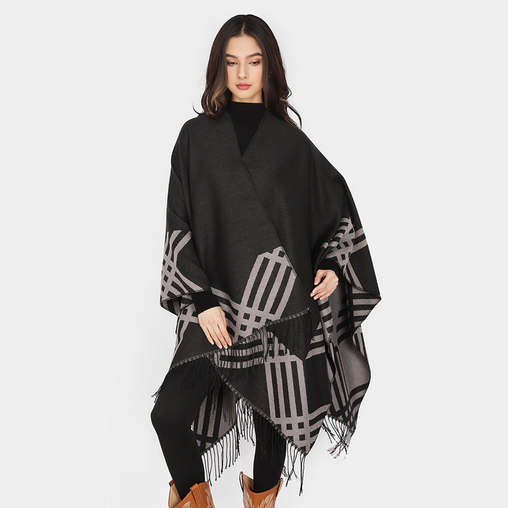Damen Oversize-Kimono-Poncho aus Wollmix mit grafischem Raster-Jacquard und Fransensaum Drune