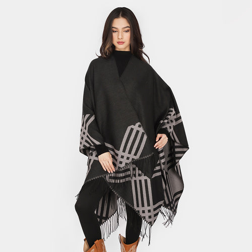 Damen Oversize-Kimono-Poncho aus Wollmix mit grafischem Raster-Jacquard und Fransensaum Drune