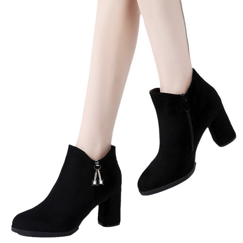 Damen Wärmende Samtvelours-Stiefeletten mit hohem Blockabsatz und seitlichem Reißverschluss Drune