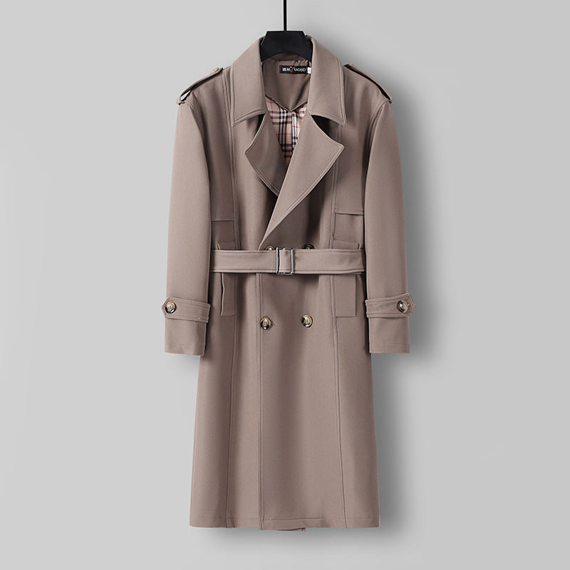 Herren Midilanger Doppelreihiger Trenchcoat mit Taillengürtel, abgefalcetem Revers und kariertem Innenfutter Drune