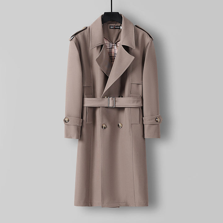 Herren Midilanger Doppelreihiger Trenchcoat mit Taillengürtel, abgefalcetem Revers und kariertem Innenfutter Drune