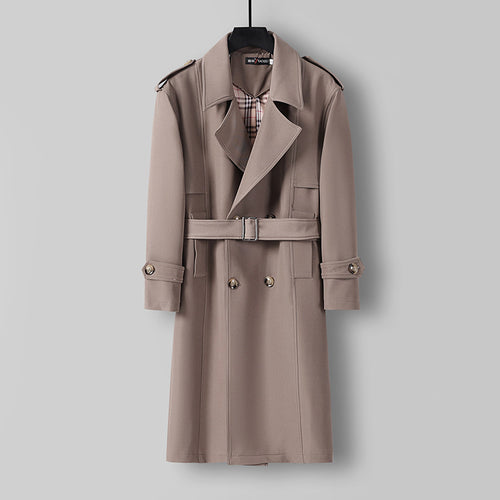 Herren Midilanger Doppelreihiger Trenchcoat mit Taillengürtel, abgefalcetem Revers und kariertem Innenfutter Drune