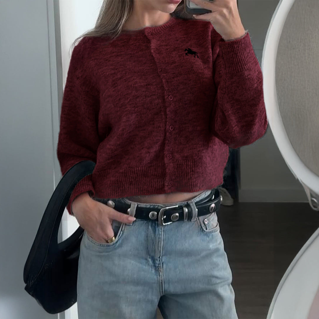 Damen nan kurzes Feinstrick-Cardigan mit Rundhalsausschnitt, durchgehender Knopfleiste und gesticktem Pferde-Logo Drune