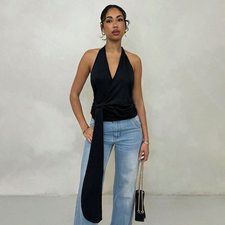 Damen Wickel-Top mit tiefem V-Ausschnitt und eleganten Binde-Details Drune
