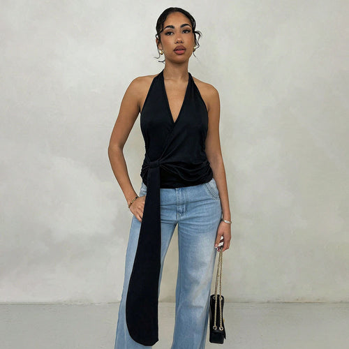 Damen Wickel-Top mit tiefem V-Ausschnitt und eleganten Binde-Details Drune