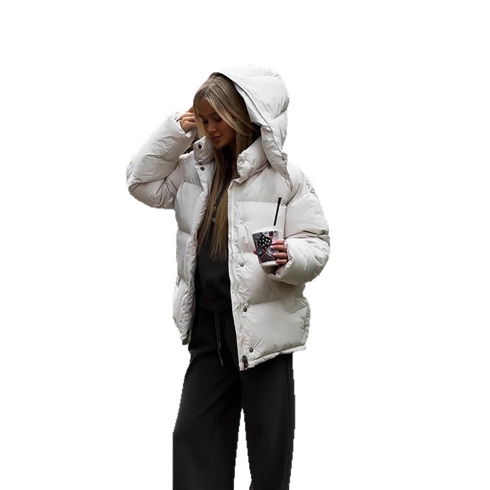 Damen Kurze winddichte Stepp‑Pufferjacke mit abnehmbarer Kapuze und hohem Stehkragen Drune