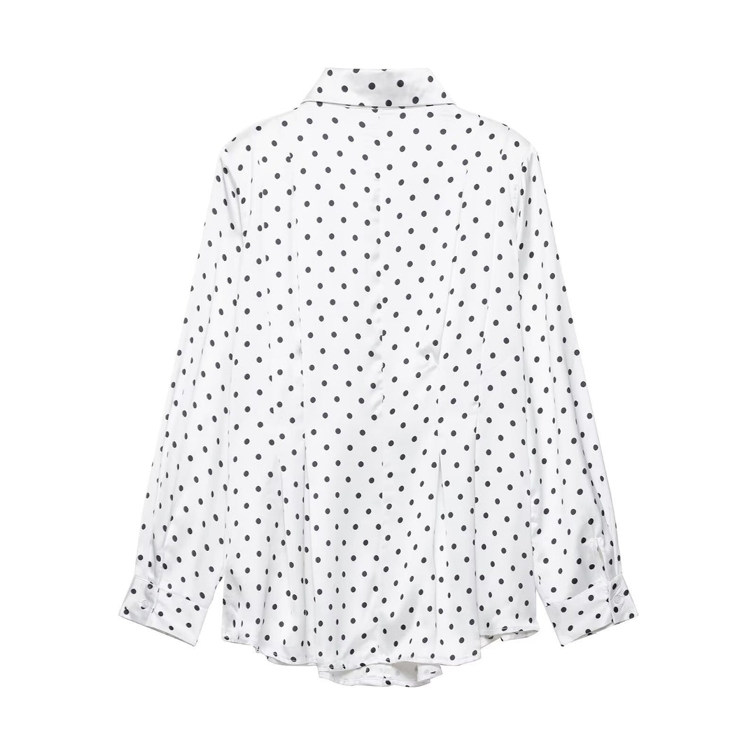 Damen Satinbluse mit übergroßem spitzen Hemdkragen, Faltenpartie und Pünktchen-Print Drune