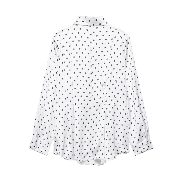 Damen Satinbluse mit übergroßem spitzen Hemdkragen, Faltenpartie und Pünktchen-Print Drune