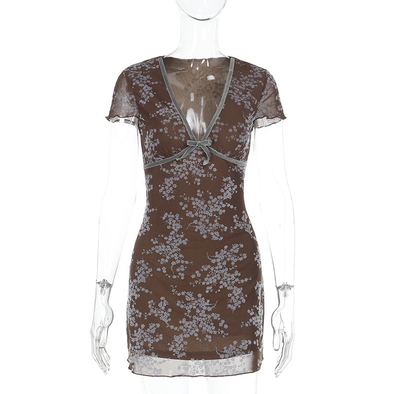 Damen sexy Mini-Kleid mit floralem Spitzenmuster und tiefem V-Ausschnitt Drune