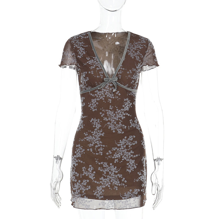 Damen sexy Mini-Kleid mit floralem Spitzenmuster und tiefem V-Ausschnitt Drune