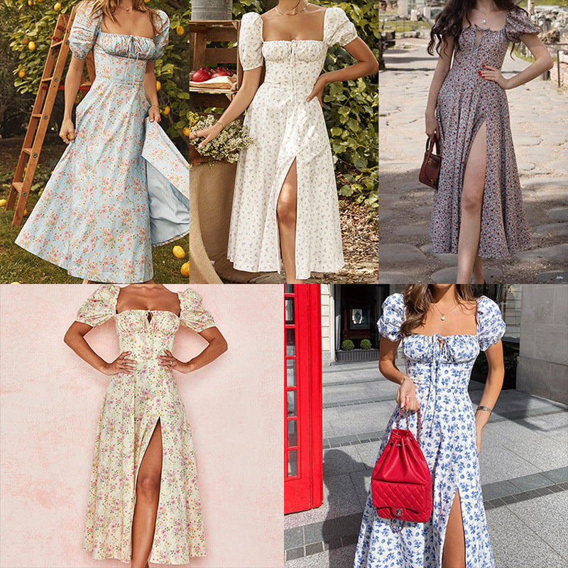 Damen Maxi-Kleid mit Puffärmeln und floralem Design Drune