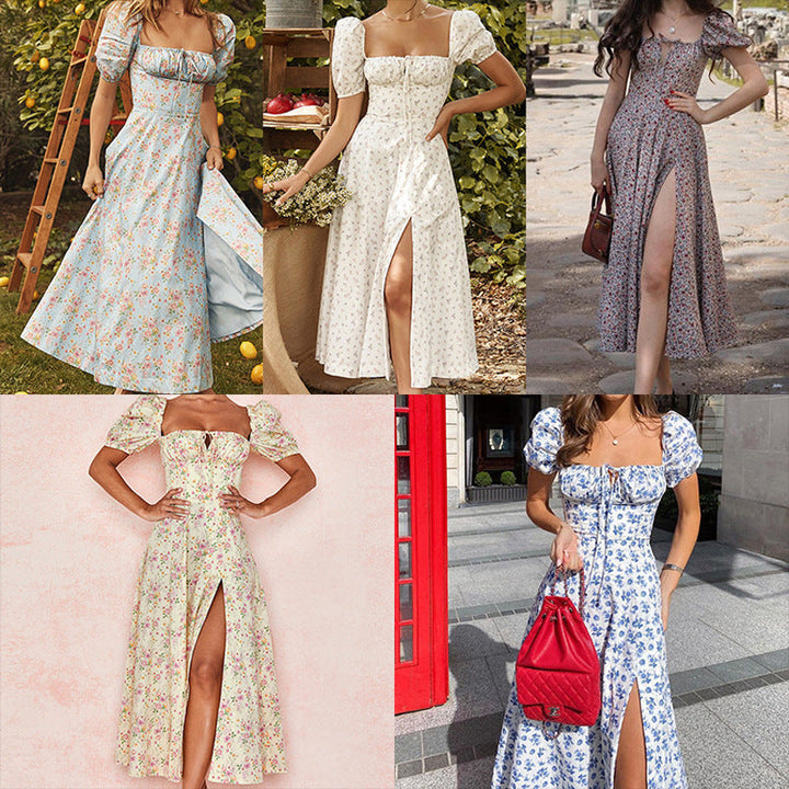 Damen Maxi-Kleid mit Puffärmeln und floralem Design Drune