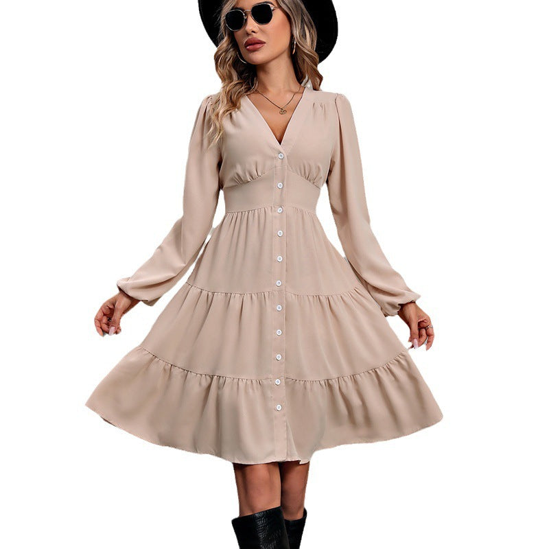 Damen Langarmkleid mit V-Ausschnitt und Rüschen Drune
