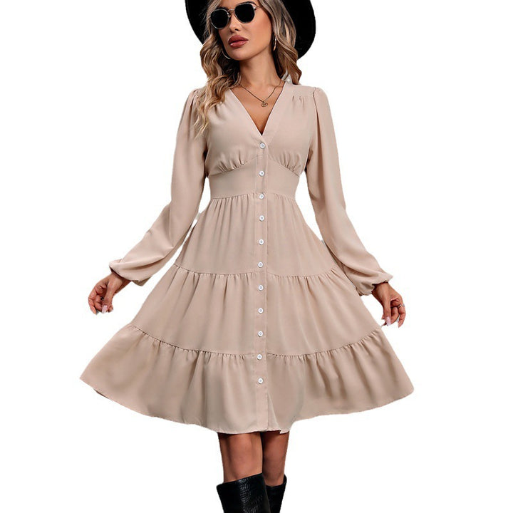 Damen Langarmkleid mit V-Ausschnitt und Rüschen Drune