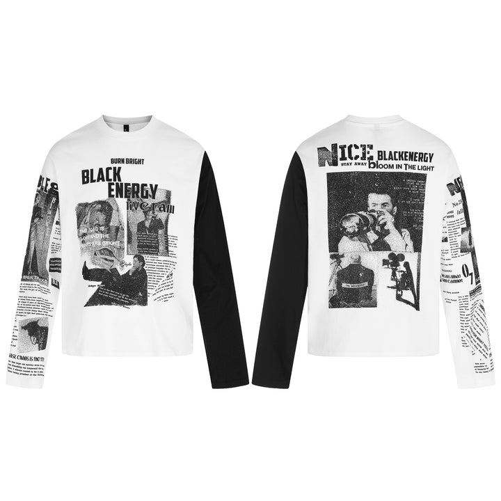 Unisex Kontrastärmliges Langarmshirt mit großflächigem Grafikprint und Ärmel-Collage Drune