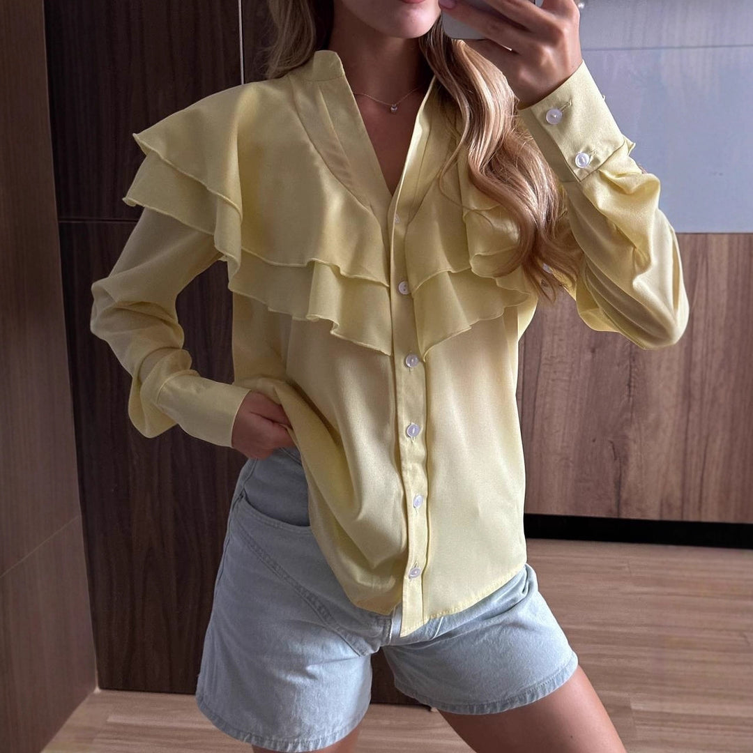 Damen Chiffon-Bluse mit mehrlagiger Volant-Rüsche und Perlmuttknöpfen Drune