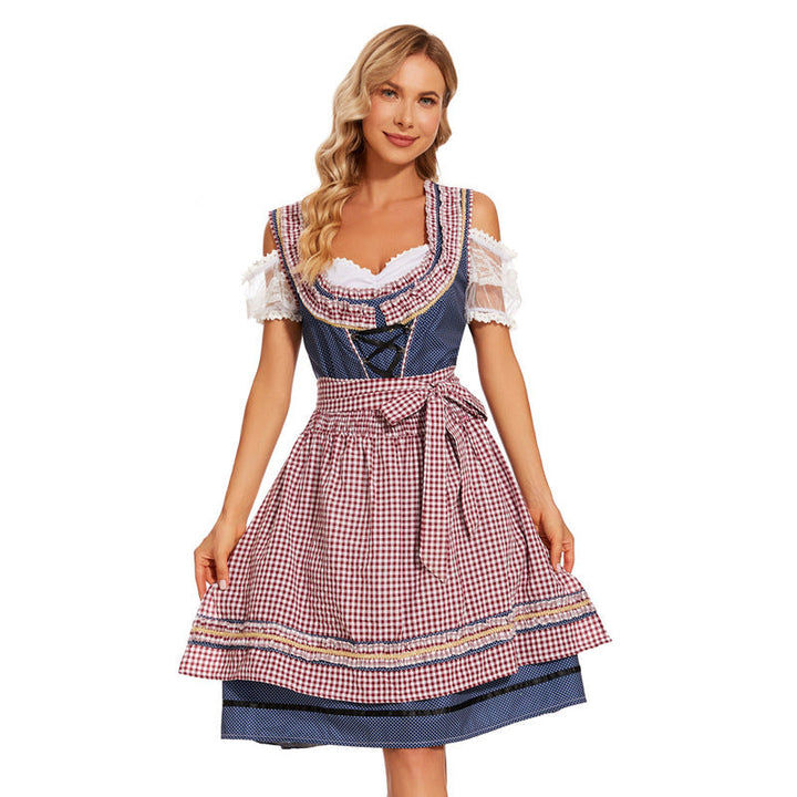 Damen nan traditionelles Dirndlkleid mit kariertem Schürzenrock, Schnürung und Spitzenärmeln Drune