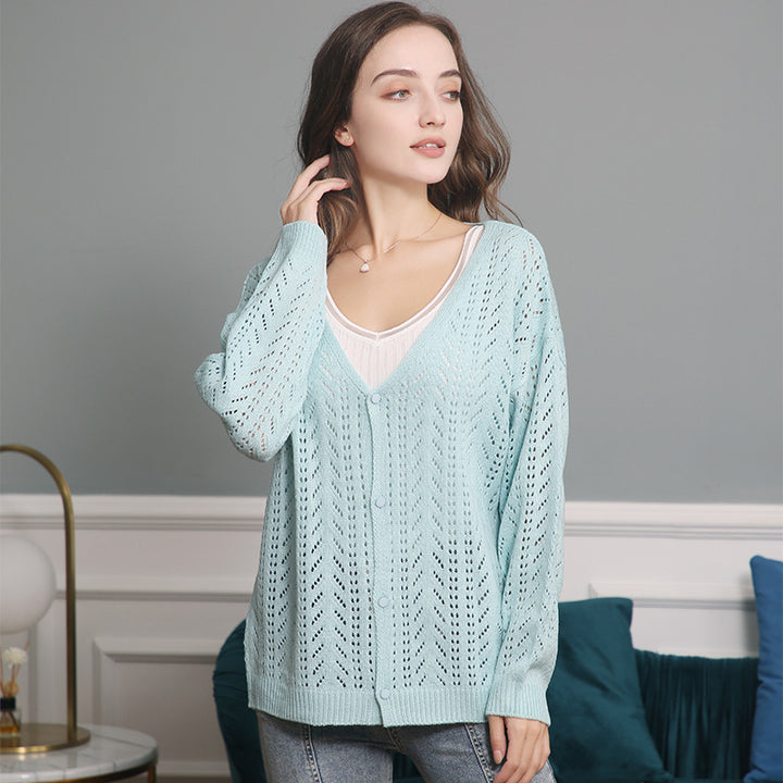 Damen Leichte Ajour-Strickjacke mit tiefem V-Ausschnitt und Knopfleiste Drune