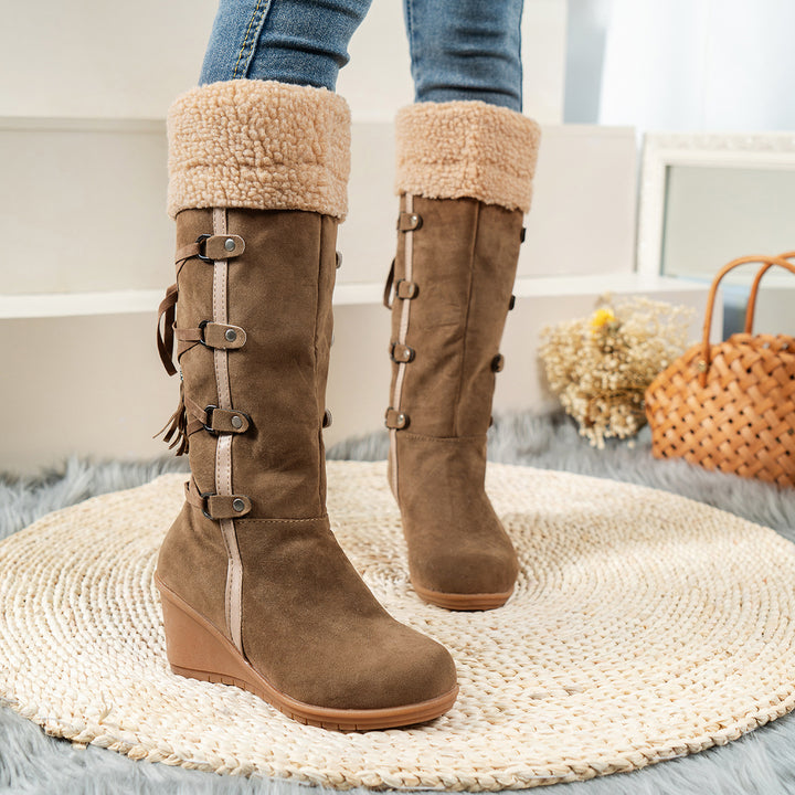 Damen Wedge-Stiefel mit kuscheligem Innenfutter und modischem Schnürdesign Drune