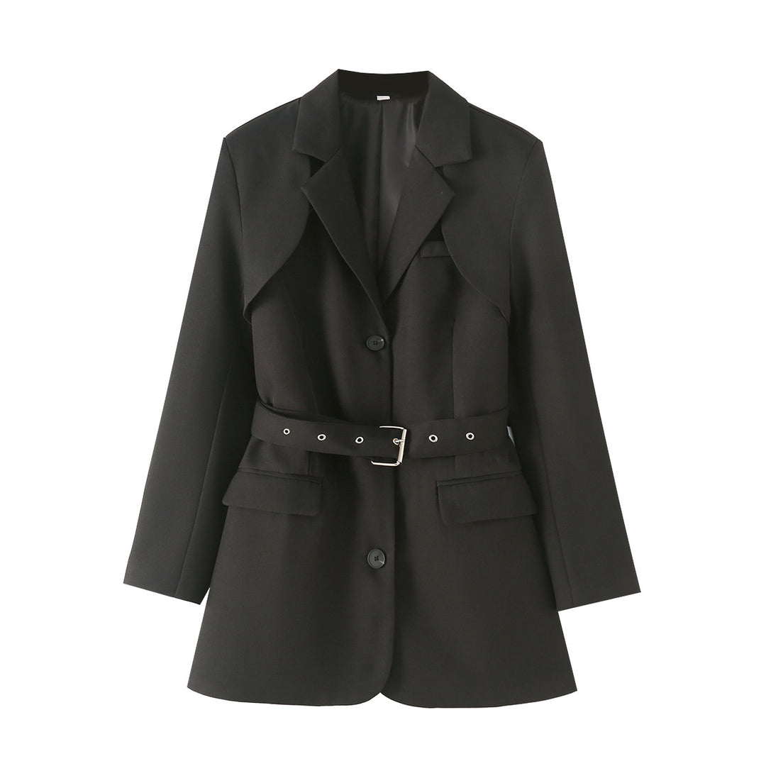Damen nan taillierter Gürtel-Blazer mit asymmetrischem Schalkragen und Pattentaschen Drune