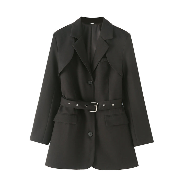 Damen nan taillierter Gürtel-Blazer mit asymmetrischem Schalkragen und Pattentaschen Drune