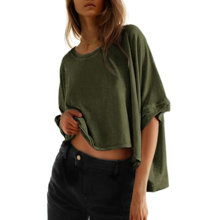 Damen lässiges cropped Oberteil mit weiten Ärmeln und Rundhalsausschnitt Drune