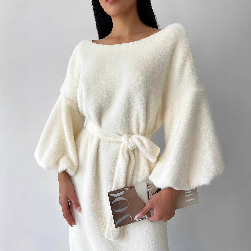 Damen Kuschel-Midikleid mit Bindegürtel und Ballonärmeln Drune