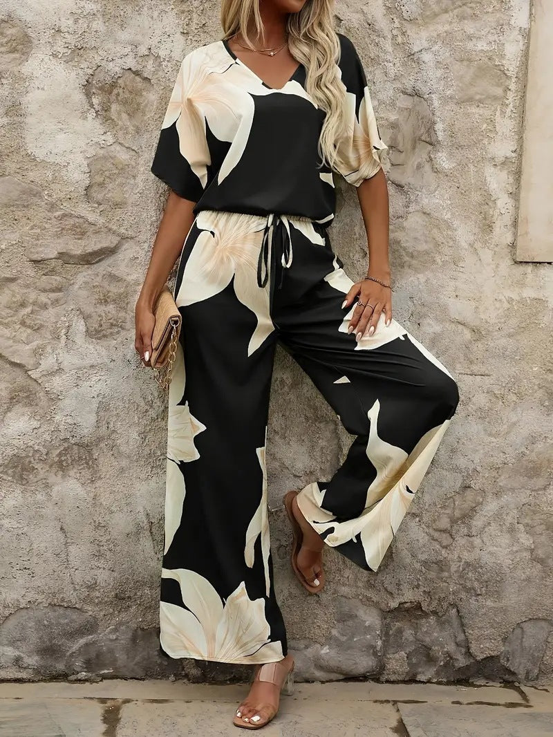 Damen Eleganter Jumpsuit mit floralen Mustern und weitem Bein Drune
