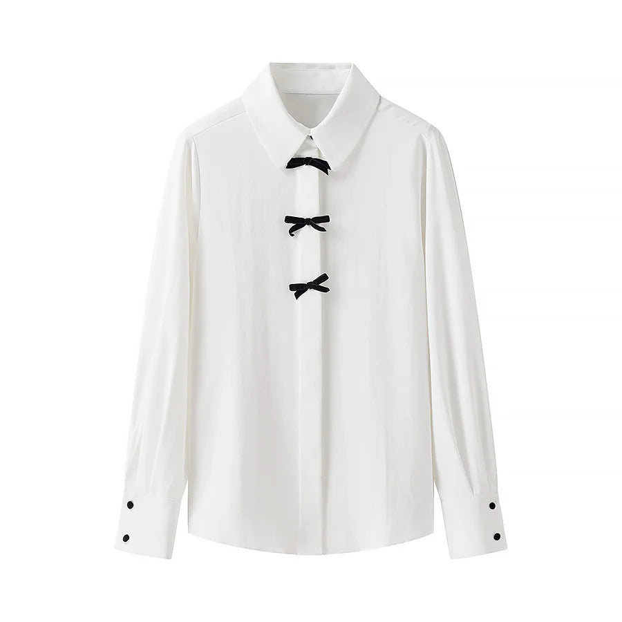 Damen nan minimalistische Baumwollmisch Bluse mit verdeckter Knopfleiste und dekorativen Schleifen vorne Drune