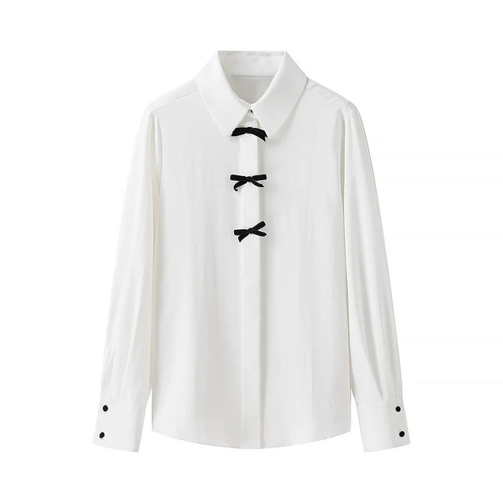Damen nan minimalistische Baumwollmisch Bluse mit verdeckter Knopfleiste und dekorativen Schleifen vorne Drune