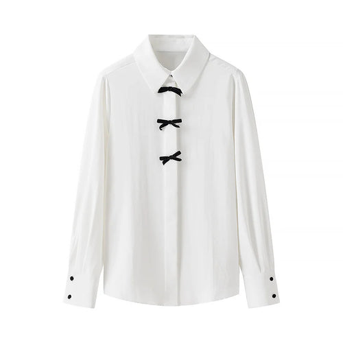 Damen nan minimalistische Baumwollmisch Bluse mit verdeckter Knopfleiste und dekorativen Schleifen vorne Drune