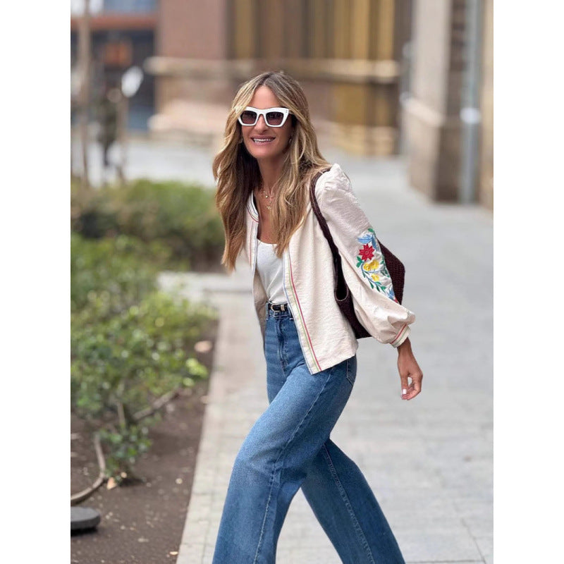 Damen Bluse mit bunten Stickereien und voluminösen Ärmeln Drune