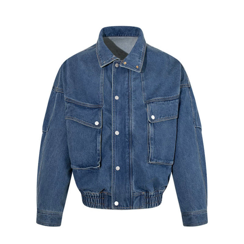 Damen Oversize-Jeansjacke mit Stehkragen, Druckknopfleiste und aufgesetzten Cargo-Taschen Drune
