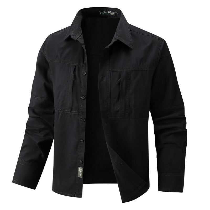 Herren nan leichtes Outdoor-Hemdjacke mit zwei vertikalen Brust-Reißverschlusstaschen und verstärkten Schulterpassen Drune