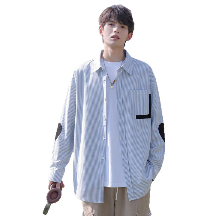 Herren Oversize-Hemd mit feinem Nadelstreifen, Kontrasttasche und Ellbogen-Patches Drune