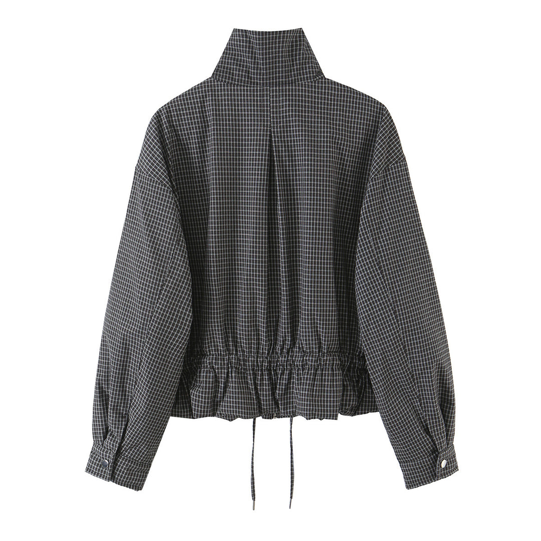 Damen karierte, funktionale Übergangsjacke mit Stehkragen und Tunnelzug Drune