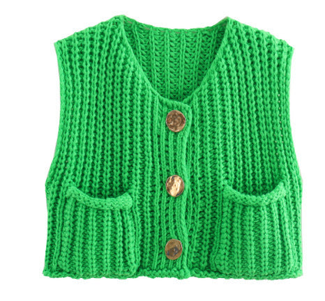 Damen Grobgestrickte Cropped Weste mit V-Ausschnitt und goldenen Zierknöpfen Drune
