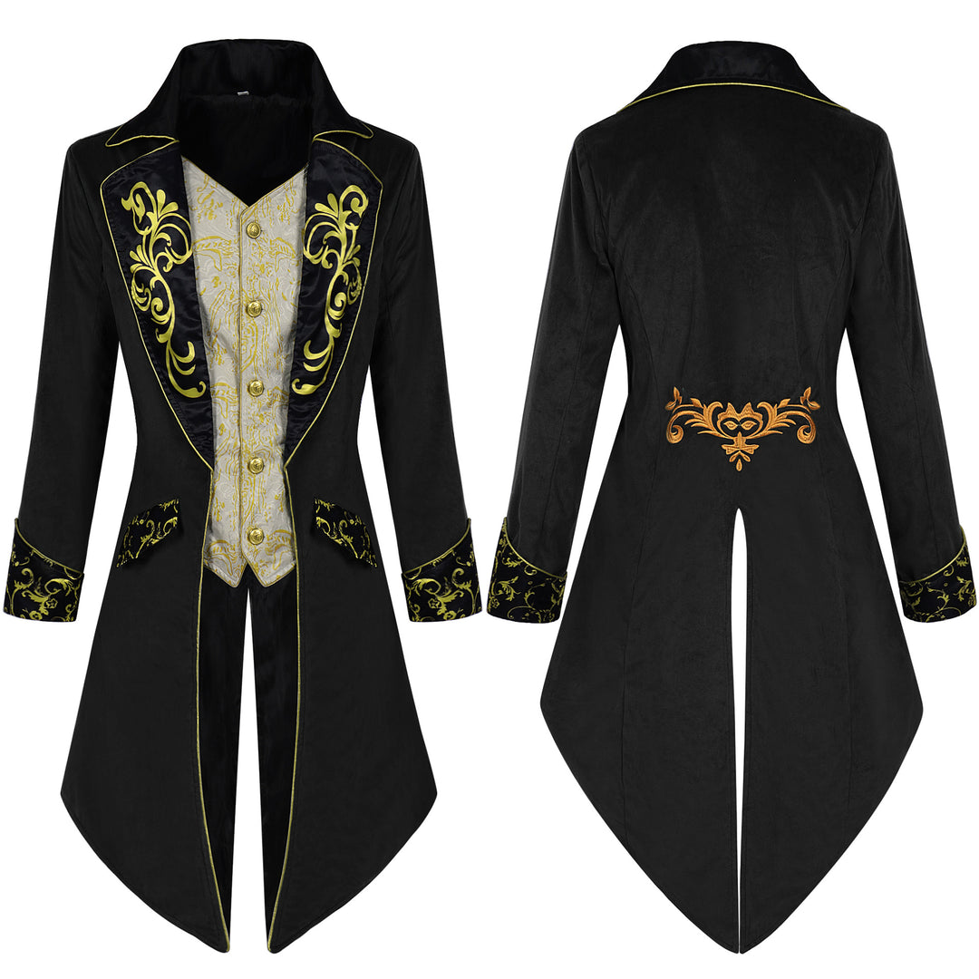Herren nan eleganter Frackmantel im Barockstil mit goldbesticktem Revers und geteiltem Schwalbenschwanz Drune