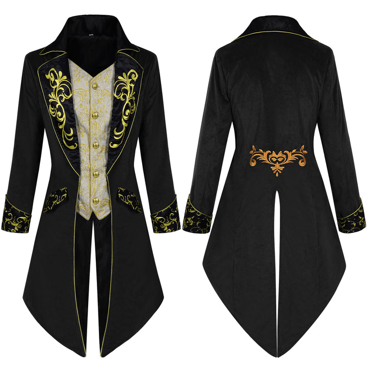 Herren nan eleganter Frackmantel im Barockstil mit goldbesticktem Revers und geteiltem Schwalbenschwanz Drune