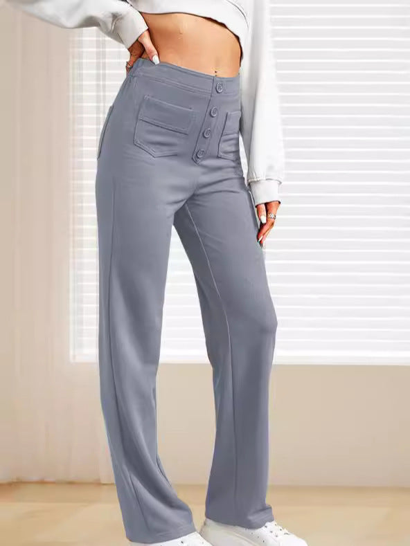 Damen elegante High-Waist-Hose mit Knopfdetails und praktischen Taschen Drune